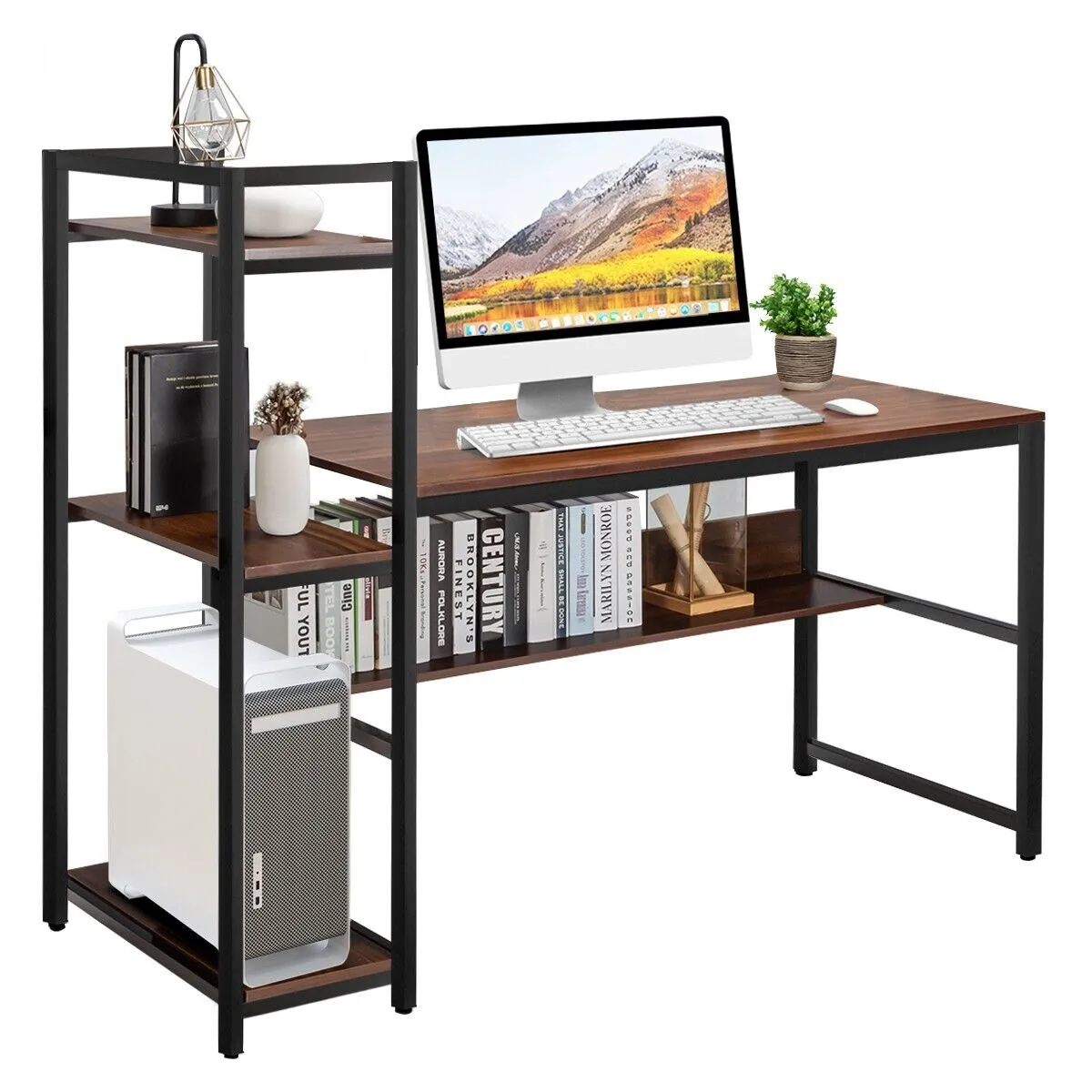 2-in-1 Workstation Computer Desk with 4 Tier Storage Shelves