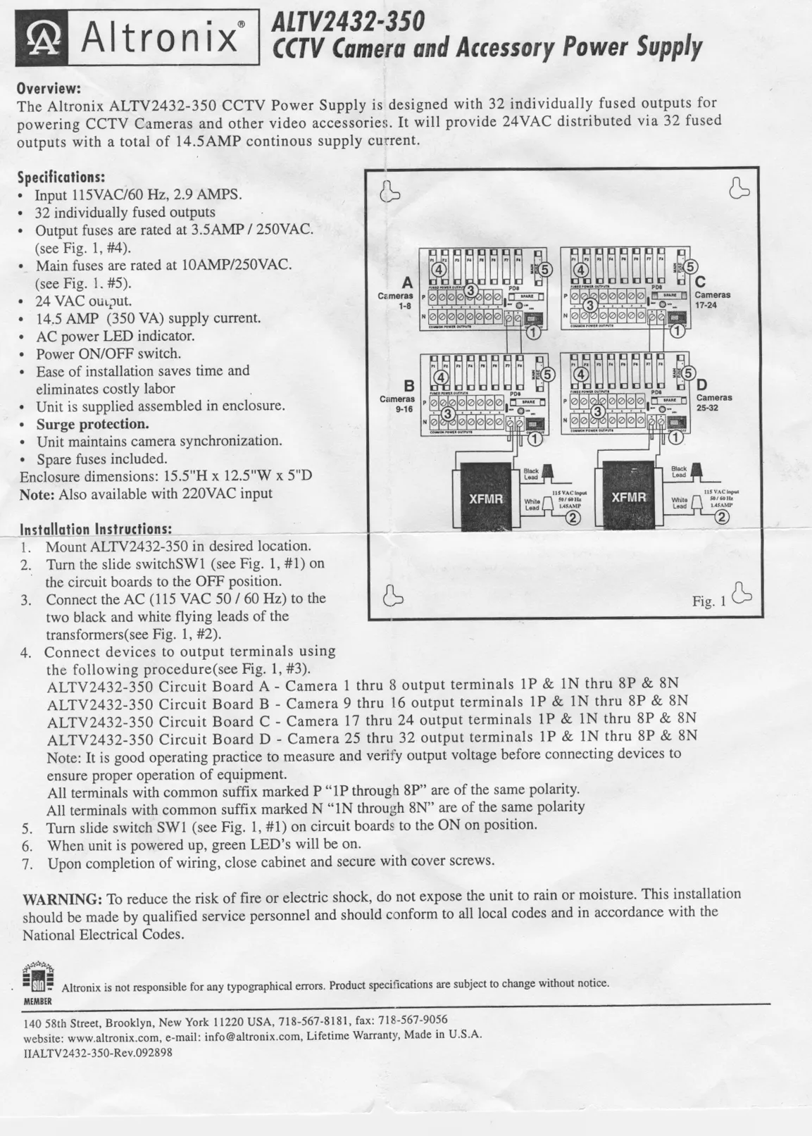 ALTRONIX ALTV2432350: AC Wall Mount CCTV Power Supply provides 24VAC or 28VAC