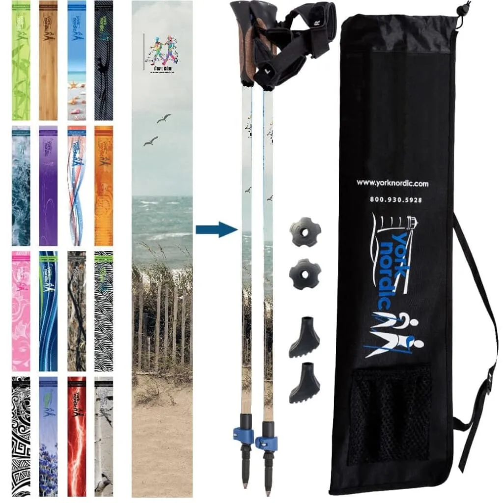 Cape Cod Nordic Walking Group Walking Poles - Dunes of the Cape Design - Choice of Grips - 2 poles, Tips & Bag - $10 donated to Cape Cod Nordic Walking Group - For Heights up to 6’2”