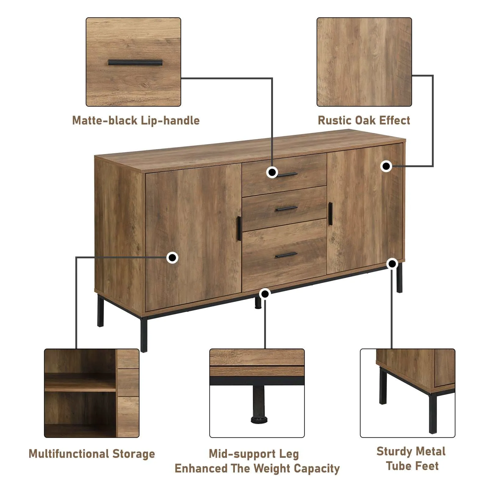 MerryLuk Bronx Sideboard Cabinet 2 Door 3 Drawer 140 cm