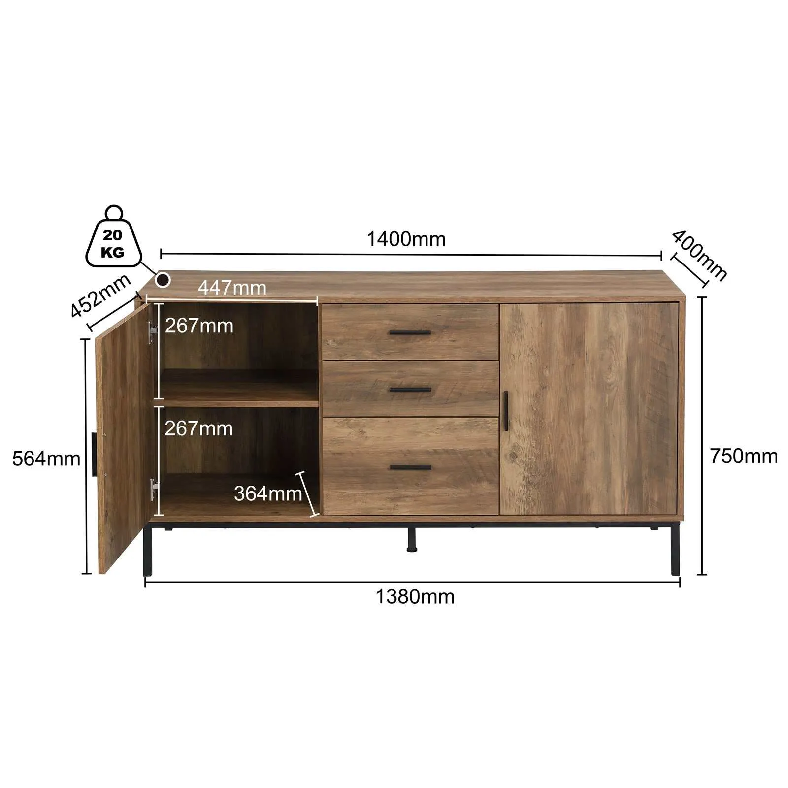 MerryLuk Bronx Sideboard Cabinet 2 Door 3 Drawer 140 cm