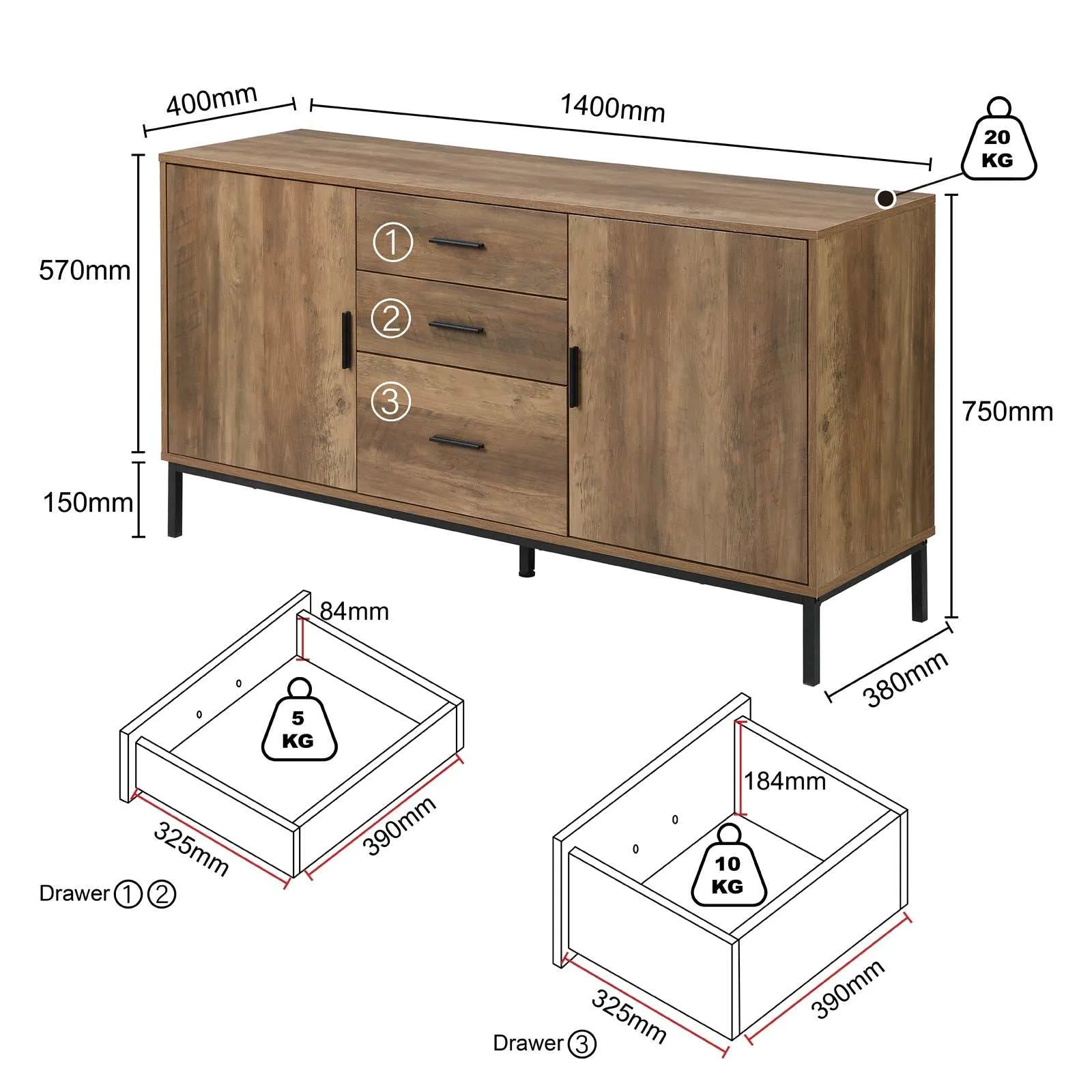 MerryLuk Bronx Sideboard Cabinet 2 Door 3 Drawer 140 cm