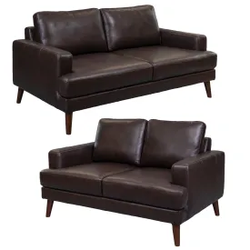 Modern Chocolate Leather 3 2 Seater Sofa Set with Rubberwood Legs