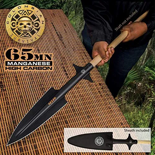 UNITED CUTLERY Colombian Colossal Spearhead with Sheath -Black Oxide Coated High Carbon Steel Spearhead, Fits Any Standard 1 1/8” Shaft, Nylon Belt Sheath - Survival Gear Necessity - 11” Overall